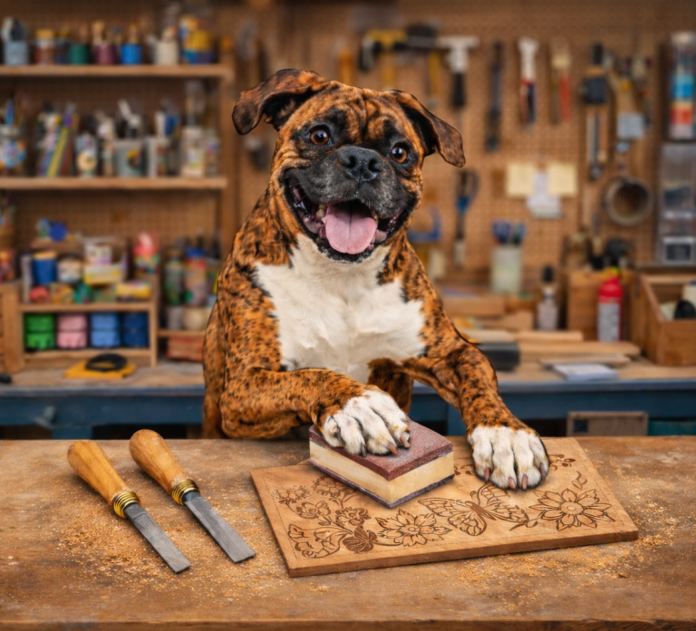 Tootsie Shop Dog Working Tootsie the shop dog working at a bench with tools.