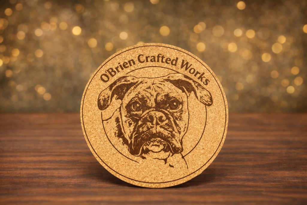 Cork Coaster Round cork coaster engraved with business logo.