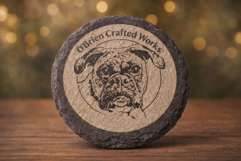 Slate Coaster Round slate coaster engraved with business logo.